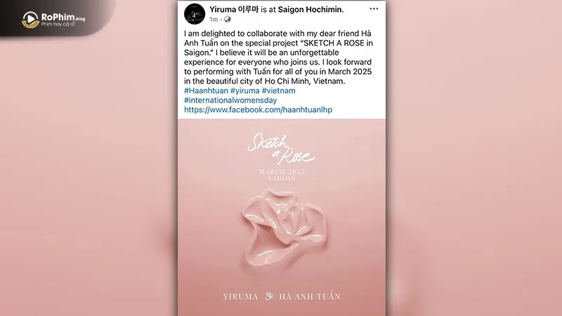 Bài viết thông báo của Yiruma về sự kết hợp với Hà Anh Tuấn trong concert Sketch A Rose tại Sài Gòn năm 2025